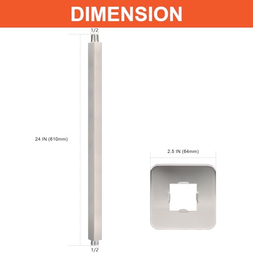 Image of Ceiling Mounted Shower Arm, Rain Shower Square Extension Arm with Flange and Teflon Tape Stainless Steel Ceiling Mount Shower Extender (24 Inch, Brushed Nickel)