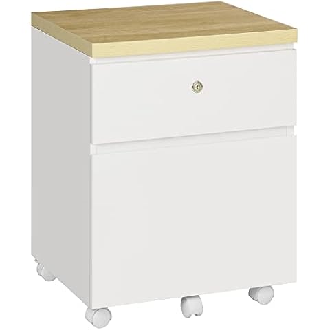Vinsetto 2-Drawer Filing Cabinet with Lock, Mobile File Cabinet with Hanging Bars for A4 Size and Wheels, Home Office Study, White Cover