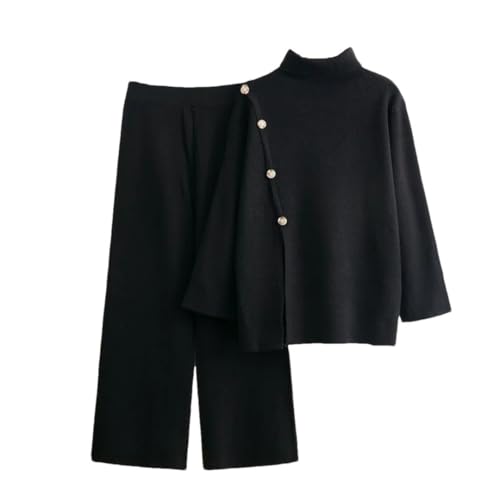 Ensemble tricot doux femme noir XL vêtement d'intérieur deux pièces pantalon large et haut boutonné