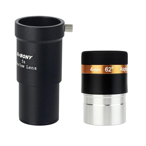 Svbony Barlowlinse 5X mit Okular Teleskop 4mm, Aluminiumlegierung Barlow und 62 Grad Weitwinkel Okular,1,25 Zoll Full Multi Coated Teleskop Zubehör für Planetenbeobachtung