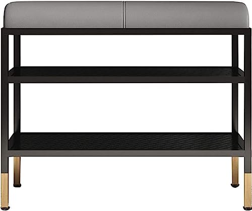 Nordic Entryway Shoe Bench with Cushioned Wrought Iron Stool Double-Layer Shoe Rack for Bedroom & Hallway Stylish Grey Shoe Changing Storage Solution