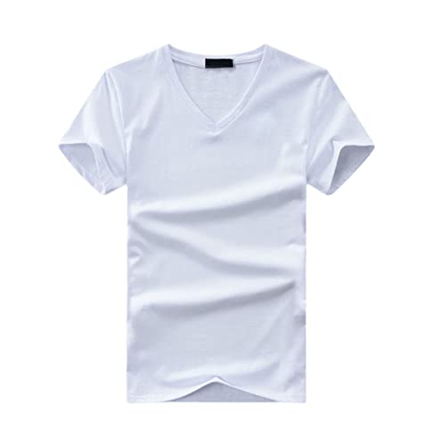 T-shirt d'été manches courtes homme vêtement coton blanc col V coupe ajustée L