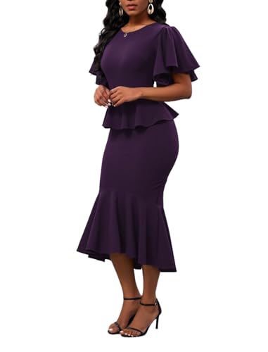 Image of Womens Summer Ruffle Short Sleeve Fishtail Dress Evening Cocktail Formal Peplum Midi Mermaid Dresses Elegant