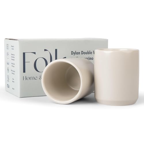 Folk Ceramics Dylan Ceramic Cappuccino Cups Set | Double Walled Ceramic Coffee Mug Set | Compact & Heat Insulated Cappuccino, Tea, Coffee & Latte Cup | 8oz, Set of 2 | Fog Grey