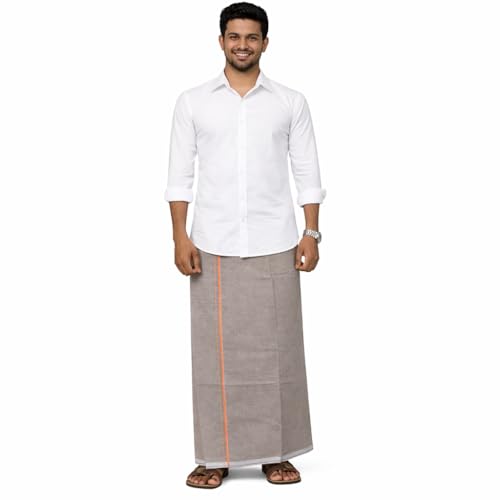 Image of Pure Cotton Dhoti for Men (1.28 x 1.87 m) | Solid Panchalu with Varied Small Color Border | Kerala Cotton Veshti, Khadi Dhoti | Lightweight Pooja & Temple Wear