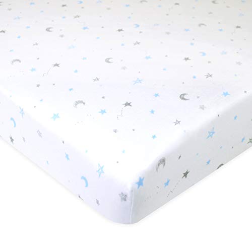 Image of American Baby Company 2 Pack 100% Natural Cotton Fitted Pack and Play Sheets 39 inch x 27 inch - Soft & Breathable Pack N Play Sheets for Playard & Mini Crib Mattress, Blue Stars /Zigzag, for Boys & Girls
