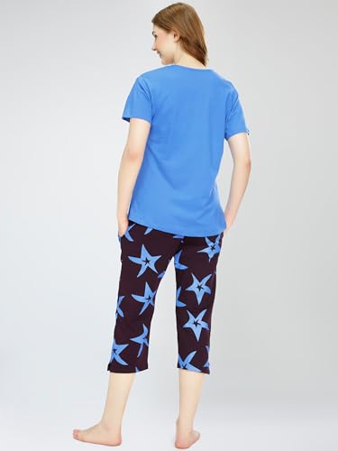 Image of ZEYO Night Suit for Women's Star Printed Cotton Night Dress of Top and Capri Set 5746