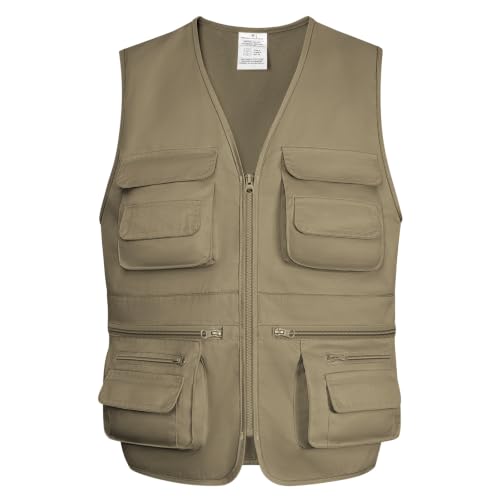 Besentinels Fishing Vest for Men Outdoor Utility Safari Cargo Vest With 8 Pockets Lightweight Work Hiking Travel Khaki Large