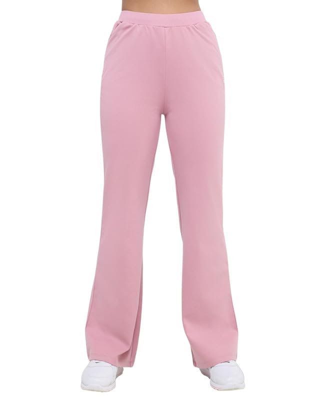 Image of HUNNIT Essential Flare Pants for Women with Zip Pockets | Mid Waist Solid Cotton Tapered Flare Pants | Bootcut Flared Trousers with Wide Elastic Waistband | Relaxed Fit Flared Trouser