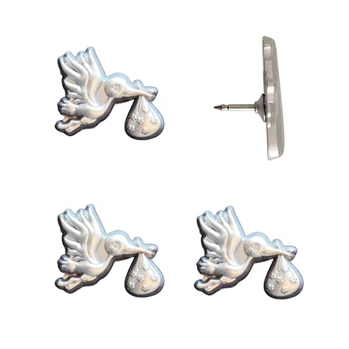 Image of Stork Carrying Baby Map Pins - Silver Stork Pins for Cork Boards, Maps, or Lapel Use - Designed in USA - Set of 4
