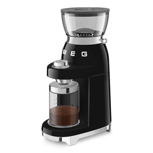 Image of SMEG CGF03 Burr Coffee Grinder, Electric Conical Burr Grinder with 15 Grind Settings, 8 Presets, 240g Bean Hopper, Espresso, Moka & Drip Coffee Grinder, 50's Retro Style (Black)