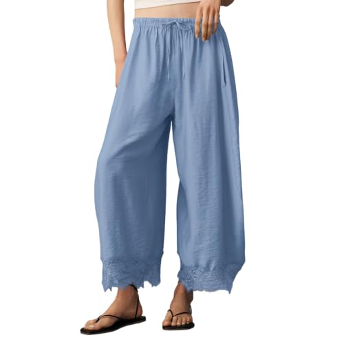 Pantalon large femme avec dentelle et cordon | Capri léger décontracté