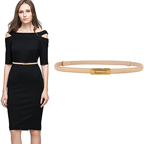 ALAIX Women's Leather Skinny Belt for Dress Adjustable Thin Waist Belt Dress Belt with Vintage Gold Buckle