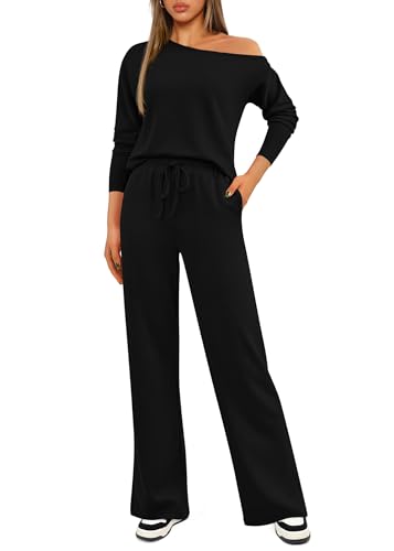 KIRUNDO Womens Fall 2 Piece Outfits 2024 Long Sleeve Off Shoulder Tops & Drawstring Wide Leg Pant Lounge Sets Tracksuit(Black, Small)