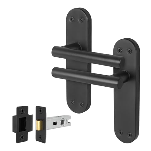 EAI Black Door Handle Latch Set, 1 Pair of Matt Black Internal Lever T-Bar Handles Backplate Latches (64mm) - Oliena