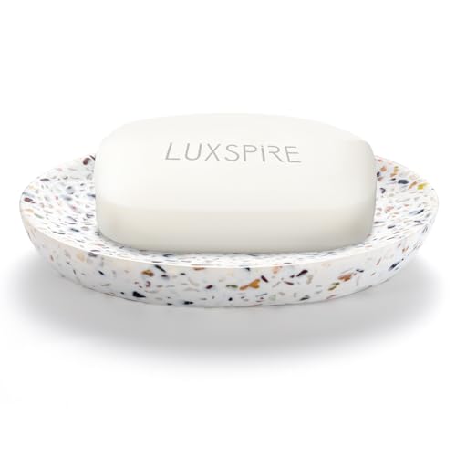 石鹸トレイ Luxspire ソープディッシュ 石鹸置き 樹脂 人造大理石 ソープトレー 小物収納 ジュエリー収納 引っかき防止 洗浄しやすい 石けん皿 小物トレイ 洗面台トレイ 乾燥 洗面所、浴室、お風呂に サイズ: 13.5*9.7*2.5cm Ter