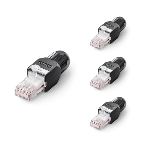 VCELINK Cat6A Conector RJ45 Sin Herramientas LSA, 10 Gbps/500 MHz, Compacto y Reutilizable, Clavija RJ45 UTP Bañado en Oro para Cable de Red AWG 23 26, Compatible con PoE, Negro, 4 Unidades