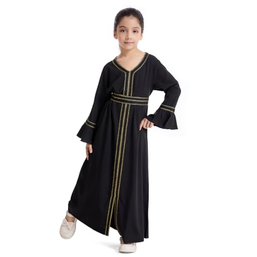 FYMNSI Kids Girls Dubai Kaftan Dresses Long Bell Sleeve Islamic Maxi Robe Dress with Belt Prayer Clothes Muslim Abaya Thobe2