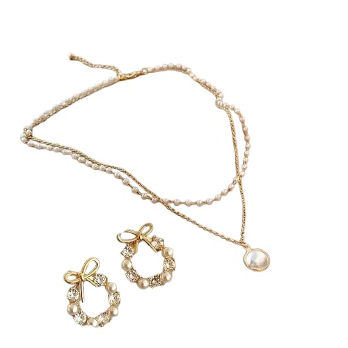 Korean Bow Pearl Earrings with Necklace Combo for Girls & Women
