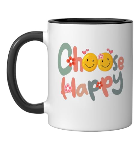 Choose Happy Cute Message Saying Men Women Quote Positive Ceramic Mug, Black/White, 11oz
