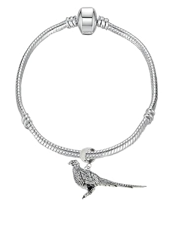 Image of B16 Standing Pheasant Fine English Pewter charm on a silver Rhodium Plated Snake Chain Bracelet