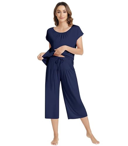 Image of NACHILA Women's Pajamas Set Short Sleeve Sleepwear Soft Pjs Cool Pajama with Capri Pants, Viscose Made from Bamboo