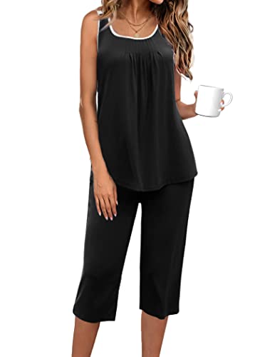 Ekouaer Capri Pajama Sets for Women 2 Piece Soft Cute Pjs Round Neck Sleeveless Lounge Set for Summer Sleepwear S-XXL
