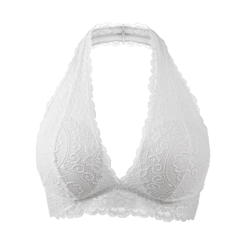 Cotorance Womens Lace Bra No Underwire No Pads V Neck Halterneck Bralettes White
