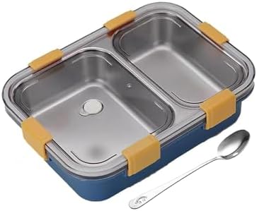 Darkpyro Premium Stainless Steel Lunch Box with 2 Compartment | BPA-Free Plastic Outer Body with Secure Locking Clips & Transparent Lid | Ideal for Office, School, College & Travel | Blue Color
