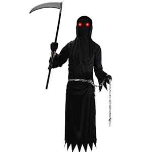 Faburo Kinder Sensenmann Kostüm Glowing Eyes Reaper Costume Child Unisex for Gruselige Phantom Halloween Kostüm, Kinderkostüm Sensenmann mit Leuchtenden Augen für Karneval Halloween Dress Up Party(XL)