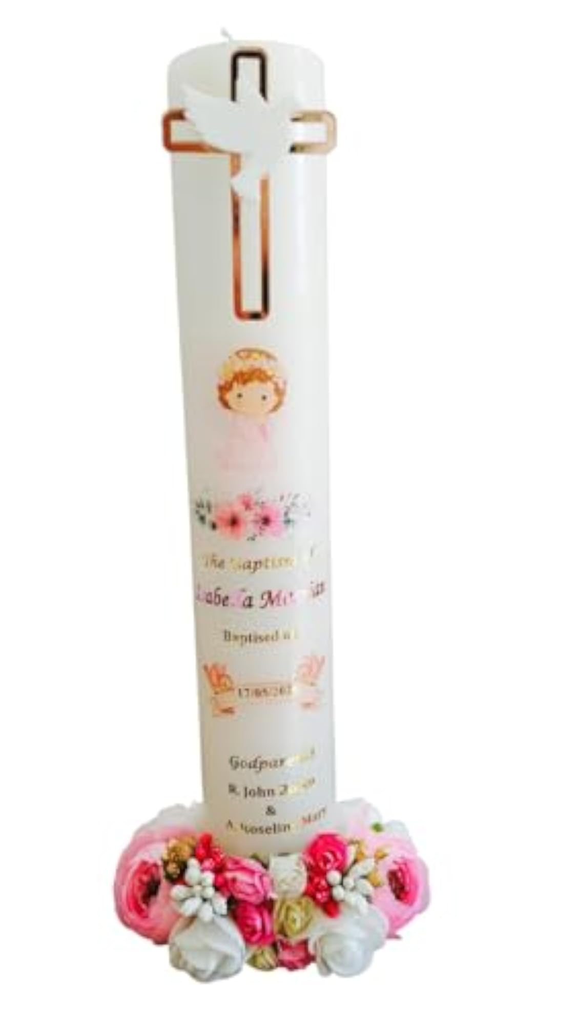Personalised Baptism Candle with Pink Acrylic Cross, Custom Name & Date