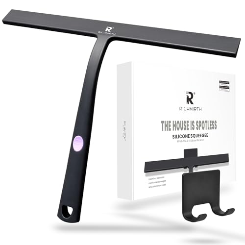 Image of Squeegee for Shower Door 14 Inch Wide Blade, 11 Inch Short Handle One-Piece Silicone with Stainless Steel Core, Non-Slip Grip Window Squeegee for Bathroom Mirror Car Windshield, Aluminum Hook (Black)