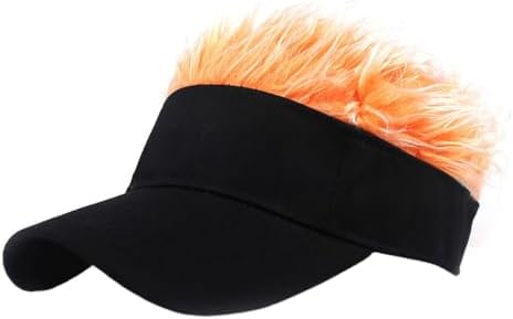 Men's Visor with Hair Fake Hairs Visor Hat for Men Funny Sun Hats Novelty Baseball Wig Caps with Spiked Hair, Black+Orange