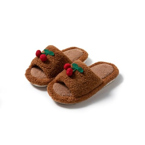 Cherry Slippers for Women Open Toe Fluffy House Slides - Ultra Soft Cozy Cute Bedroom Indoor Comfort Shoes, Holiday Christmas Gifts