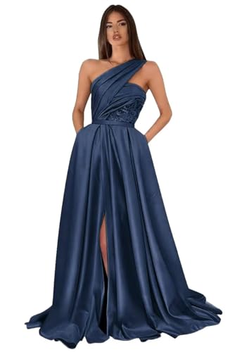 Women's One Shoulder Satin Ball Gown Prom Dresses Long with Slit 2024 Formal Evening Gowns with Pockets