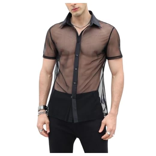 Verdusa Men's Sheer Mesh Button Up Shirt See Through Short Sleeve Top Black L