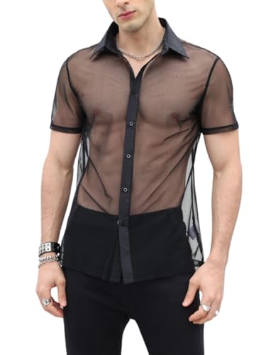 Verdusa Men's Sheer Mesh Button Up Shirt See Through Short Sleeve Top Black L