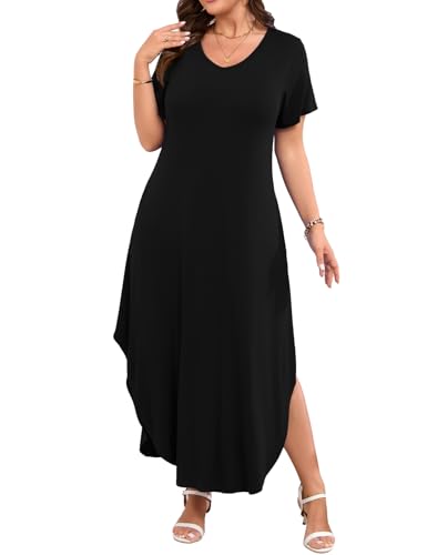Image of JollieLovin Womens Plus Size Casual Summer Maxi Long Dress Short Sleeve T-Shirt Loose Sun Dress(L-5X)
