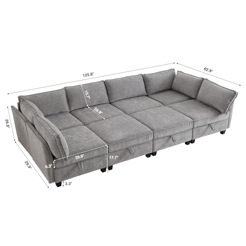 Image of ORRD Oversize Sleeper Modular Sectional Sofa Set, Convertible Couch Bed with Storage, 8 Seater Sofa Modular for Living Room, Office (Grey)
