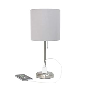 Simple Designs LT2024-GRY-2PK Two Pack Brushed Steel Stick Table Desk Lamp Set with Charging Outlet and Drum Fabric Shade for Living Room, Hallway, Nightstand, Office, Gray Shade