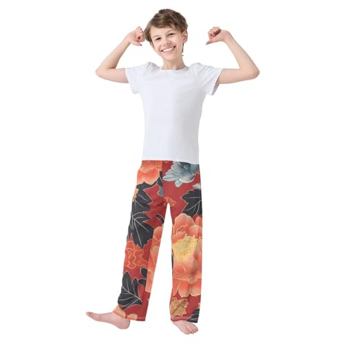 ZZXXB Peony Flowers Pattern Boys Long Pants Soft Trousers Elastic Waist Kids Lounge Bottoms with Pockets S-XL3