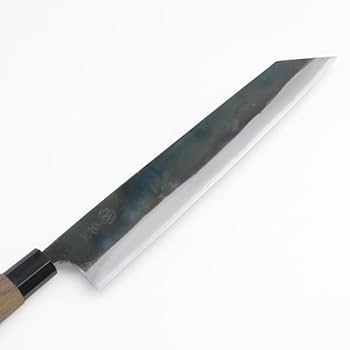 青紙1号 黒打 牛刀包丁 210㎜ #1228 焼柄 月光作 楽天市場】元兼 和牛刀 210mm 両刃 青紙1号 割込み 黒打ち仕上げ