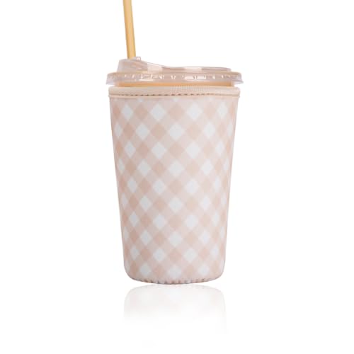 Image of Reusable Insulated Sleeve for Iced Coffee Cup, Coffee Neoprene Sleeve for Cold & Hot Drinks, Beverage Holder for Iced Coffee (Cream Gingham, Medium: 22-24oz)