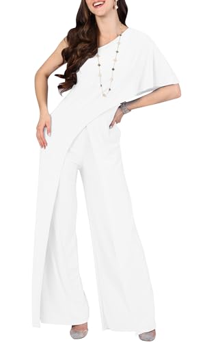 KOH KOH Plus Size Womens Long Pant One Off Shoulder Short Sleeve Asymmetric Pockets Romper Outfit Bridesmaid Wedding Guest Semi Formal Work Office Dressy Jumpsuit, White XL 14-16