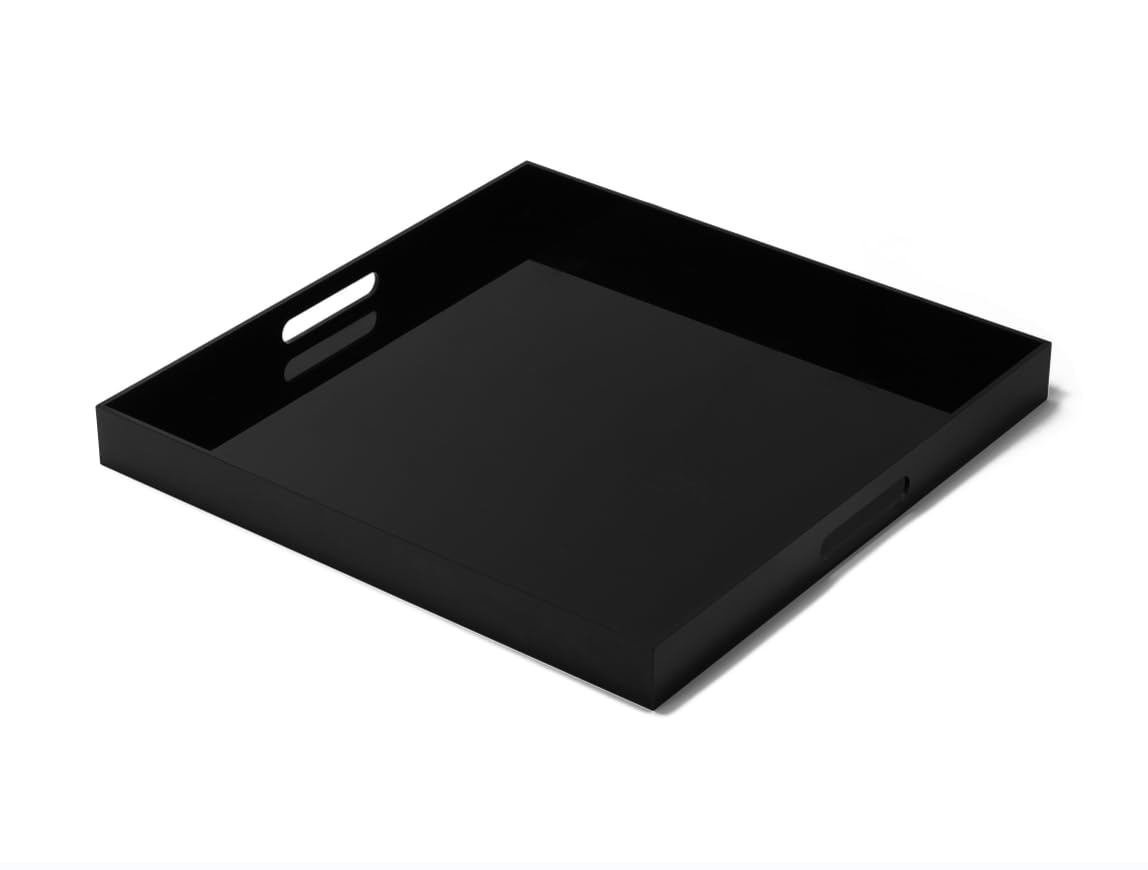 BEYLANG Glossy Black Sturdy Acrylic Serving Tray with Handles-24x24Inch-Serving Coffee,Appetizer,Breakfast,Butler-Kitchen Countertop Tray-Makeup Drawer Organizer-Vanity Table,Ottoman Tray-Decorative