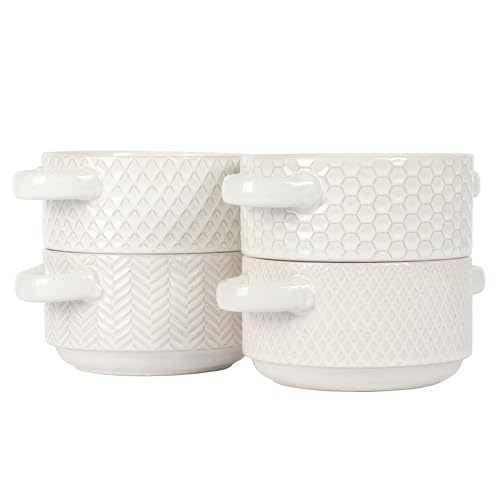Image of Gibson Elite Oyster Tide Embossed 6 Inch Soup Bowls with Handles. French Onion Soup Crocks, Stackable Soup Bowl, Chili, Beef Stew Reactive Glaze Stackable Ceramic Bowl, Set of 4, White