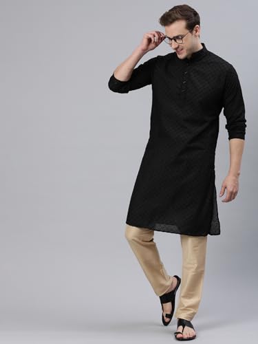Image of Majestic Man Men's Cotton Blend Regular Fit Casual Polyester Mandarin Collar Ethnic Motifs Embroidered Long Regular Kurta