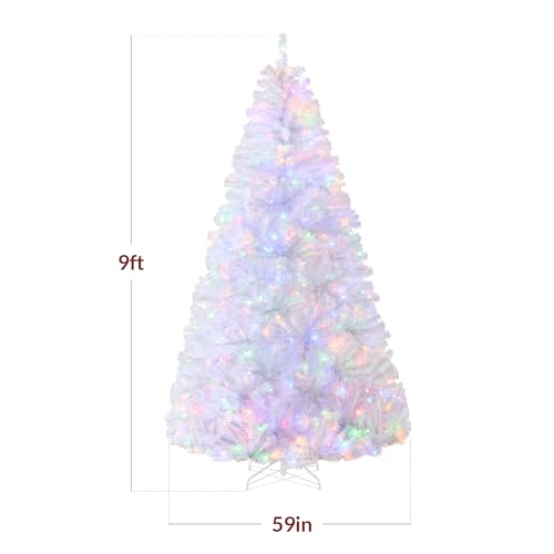 Best Choice Products White Christmas Tree 9ft Pre-Lit Artificial Pine Tree Premium Holiday Decoration w/ 2-in-1 Multicolored Lights, Metal Stand
