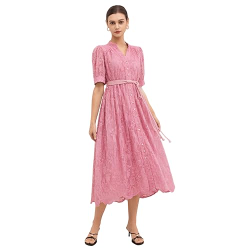 CHICWISH Women Floral Embroidery Mesh Overlay Long Dress Casual V Neck Short Sleeve Belt Buttoned Summer Midi Dress Pink