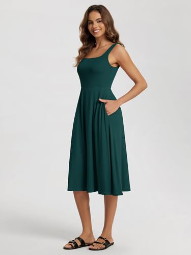 Image of ODODOS Square Neck Midi Dress with Pockets for Women Summer Casual Sleeveless Sundress Flare Tank Dress